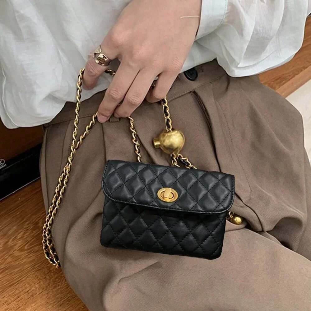 Black Fashionable Women's Rhombic Embroidery Detachable Chain Mini Shoulder Bag